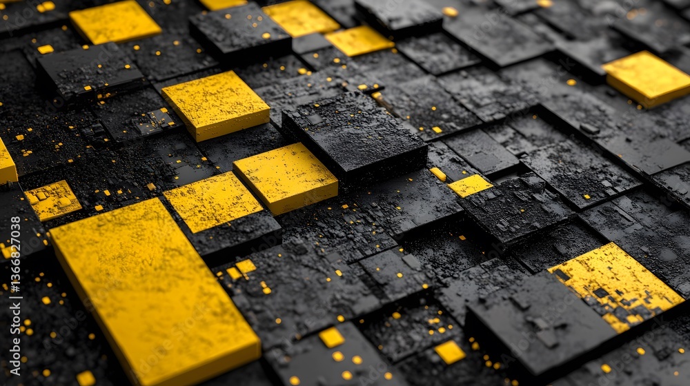 Poster a digital abstract design showing yellow and black textured squares