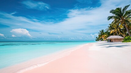 Fototapeta premium Picturesque beach with white sand, turquoise waters and palm trees gently swaying in breeze, capturing serene beauty of tropical islands for vacation.