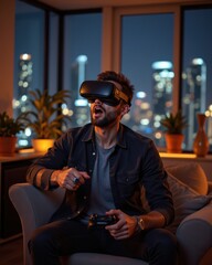 Excited man gaming with VR headset in modern apartment at night, immersive virtual reality experience, futuristic entertainment, metaverse technology, digital innovation concept