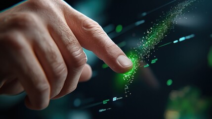 Glowing finger pointing at sparking digital energy in a futuristic high tech interface  The image represents the power of innovation creativity