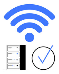 Large blue wireless signal icon above a server setup and checkmark, signifying network connection and secure data validation. Ideal for technology, connection, security, hosting, cloud, IoT