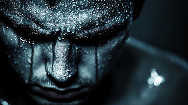 Intimate close-up of a man's face with water dripping, highlighting tear-streaked emotions in a soft focus setting for dramatic impact.
