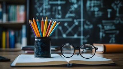 A cozy and inviting workspace filled with educational supplies including colorful pencils glasses and an open book suggesting a space for intellectual pursuits and academic