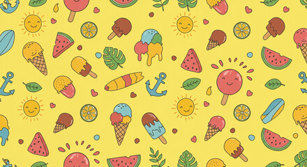Playful Yellow Layout Featuring Summer Objects Arranged in Continuous Design