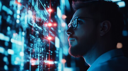 A blockchain developer working on AI powered decentralized platforms for digital asset privacy and security, futuristic security lab with live data, High-tech style