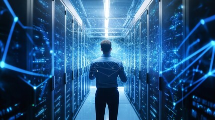 A blockchain developer working on AI powered decentralized platforms for digital asset privacy and security, futuristic security lab with live data, High-tech style