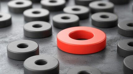 One Red Cylinder Among Many Gray Cylinders on a Dark Surface