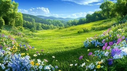 Obraz premium Sunny Spring Meadow, Wildflowers, Green Hills - Nature photography .