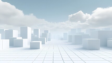 Fototapeta premium A minimalist and modern cityscape with towering glass and concrete buildings against a bright cloud filled sky creating a dynamic and innovative business background