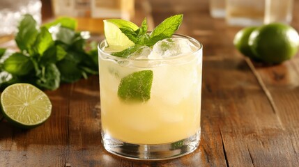 A bartender serving a beautifully garnished mojito with fresh mint and lime on a wooden bar.
