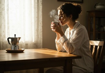 Morning Ritual: Woman Enjoying Fresh Coffee in Sunlit Kitchen, Embracing Calm and Warmth