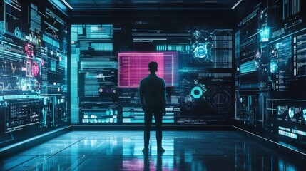 A blockchain developer working on AI powered decentralized solutions for crypto backed decentralized transportation logistics, futuristic logistics lab with live data, High-tech style