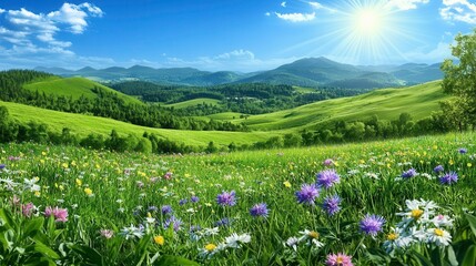 Fototapeta premium Sunny Green Hills, Wildflower Meadow - Vibrant Nature Photography