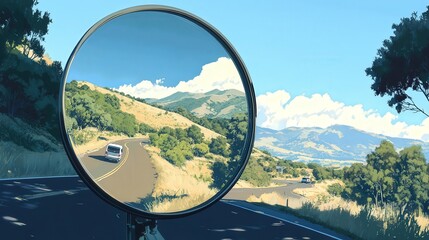 traffic convex mirror along a winding road, capturing the landscape and vehicles reflected in the mirror, providing visibility for drivers