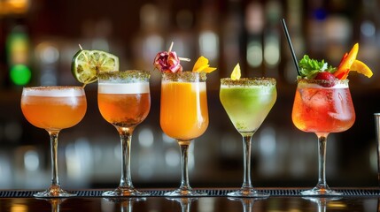 A row of stylish cocktails lined up on the bar, each with unique garnishes and vibrant colors.