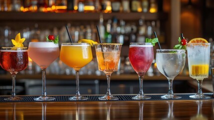 A row of stylish cocktails lined up on the bar, each with unique garnishes and vibrant colors.
