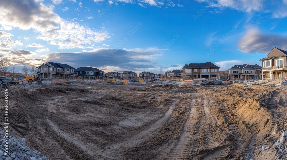 Poster housing development under construction, with multiple structures in various stages of progress