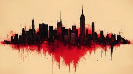 Naklejka premium Red-splashed city skyline, urban landscape art