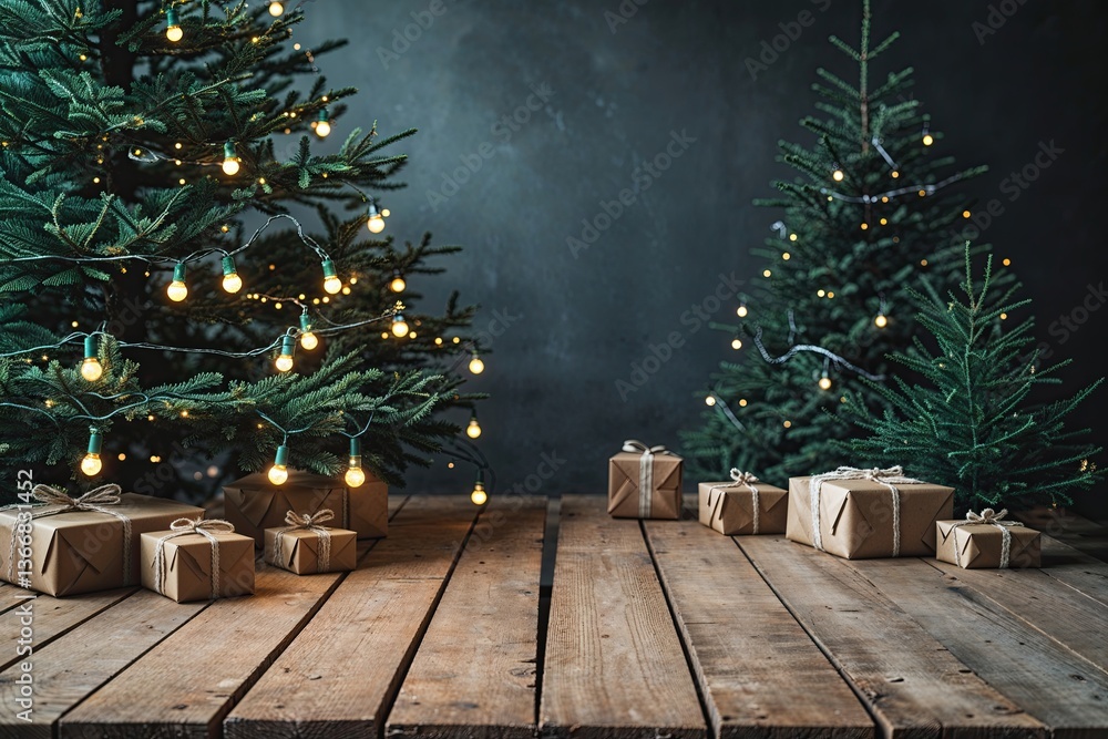 Poster rustic wooden table with christmas tree and twinkling string lights for festive background and produ
