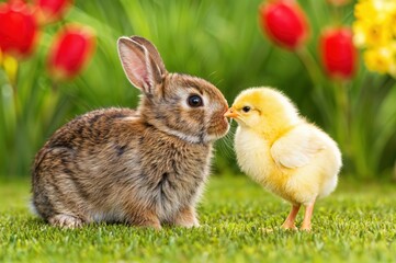 Fototapeta premium In a lively spring garden, a fluffy bunny and a cheerful chick playfully interact, surrounded by colorful tulips and fresh green grass, embodying the spirit of friendship and renewal.