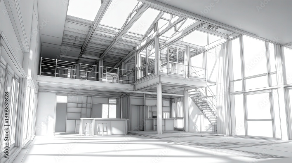 Poster modern architectural house design in progress, highlighting exposed beams and open spaces.