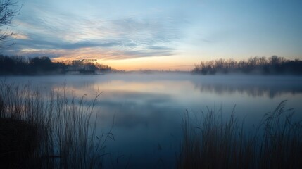 Obraz premium wastewater treatment pond at dawn, with fog hovering over the surface of the water, and equipment visible in the distance.