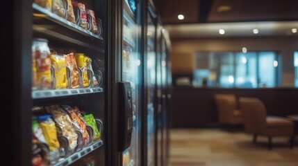 vending machine in a hotel lobby, offering a variety of quick snacks and drinks for guests