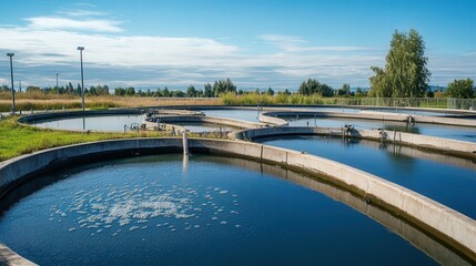 Fototapeta premium wastewater treatment pond, with various stages of water purification visible, and a serene sky in the background