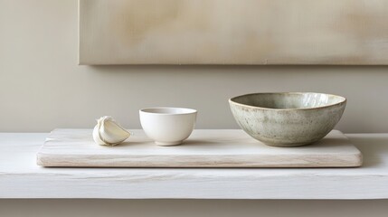 Elegant Ceramic Bowls and Garlic on a Wooden Board