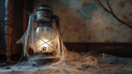 worn-out lamp, decorated with strands of spider silk, evoking a sense of nostalgia and the passage of time