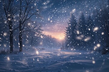 Tranquil Winter Evening with Graceful Snowflakes and Enchanting Snowfall