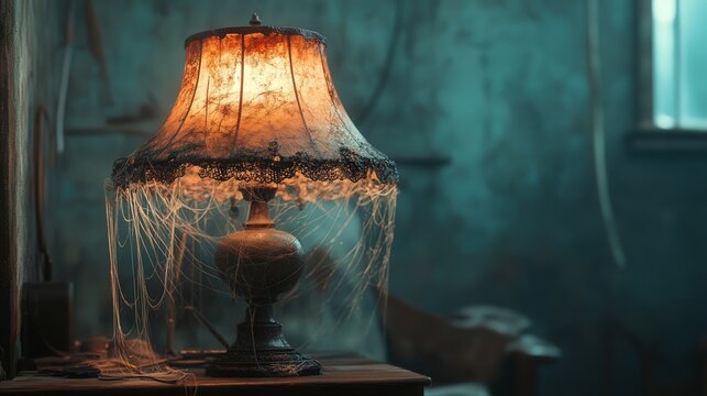 worn-out lamp, decorated with strands of spider silk, evoking a sense of nostalgia and the passage of time