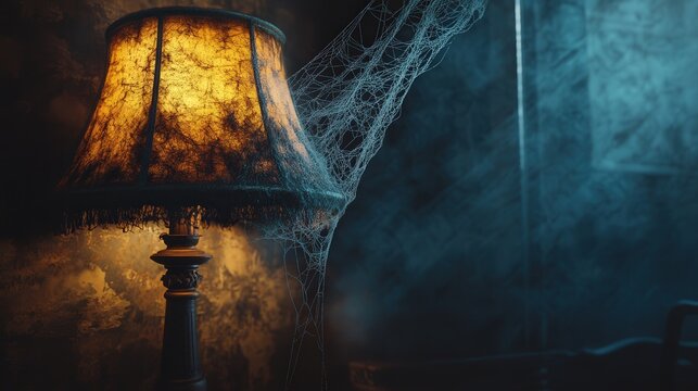 worn-out lamp, decorated with strands of spider silk, evoking a sense of nostalgia and the passage of time