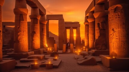 Exploring Ancient Egyptian Temple Ruins at Sunset with Candles Lit