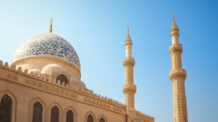 Fototapeta premium the grand dome and minarets of a mosque against a clear blue sky, showcasing its architectural beauty
