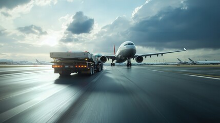 aircraft towing vehicle in motion, with a large airplane in tow, driving down a wide airport taxiway as the runway is clear