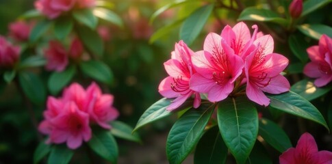 Rhododendron leaves and branches in a garden bed, foliage, garden