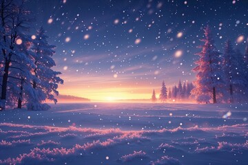 Captivating Peaceful Winter Horizon with Glowing Snow and Vibrant Snowflakes
