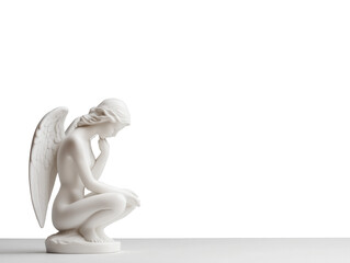 Elegant Angel Sculpture in Thoughtful Pose on Minimalist Background