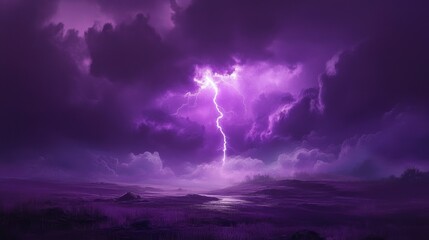 Purple lightning strike over a dark, misty landscape.