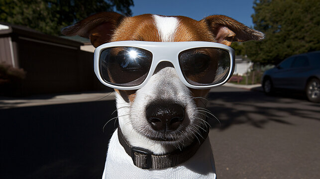 A fashionable dog strutting in stylish sunglasses amidst a chic urban landscape radiating confidence and charm with a touch of playfulness.