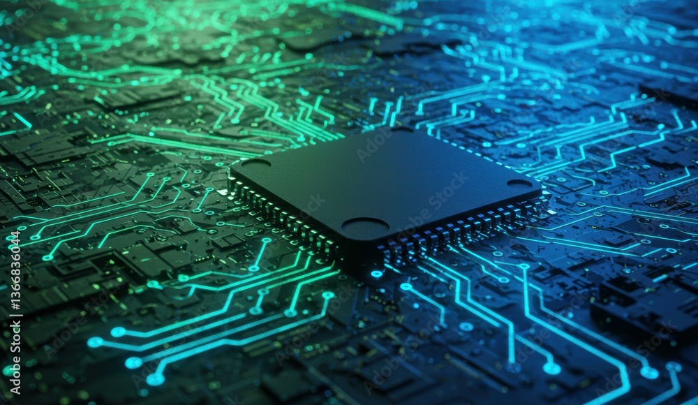 Poster close-up of microchip on circuit board illuminated by blue and green lights showcasing technology co