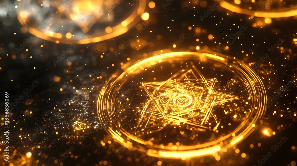 Aufkleber glowing circular shapes with star patterns and scattered particles