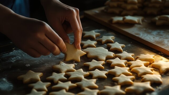 hands carefully cutting out star-shaped cookies, with the dough arranged neatly on a countertop, ready for baking.