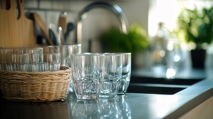 clean glasses stacked neatly in a basket, placed beside a sink with a few drops of water left on the countertop, capturing the freshness of a clean kitchen