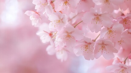 Fototapeta premium light pink cherry blossoms gently hanging from a branch, their petals moving slightly in the breeze, creating a serene atmosphere.