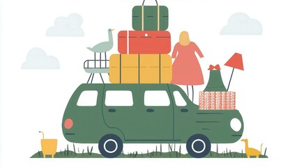 Obraz premium Family Road Trip Packed Car Happy Journey Ahead