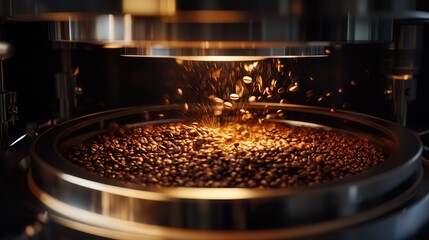 coffee beans roasting in a large machine, with the rotating drum and deep heat transforming the beans into a perfect shade of brown
