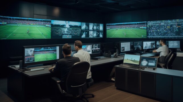 People Monitoring Soccer Game in Surveillance Room with Multiple Screens