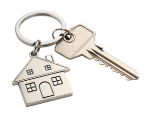 House keys with house shaped keychain, isolated transparent background Png.
